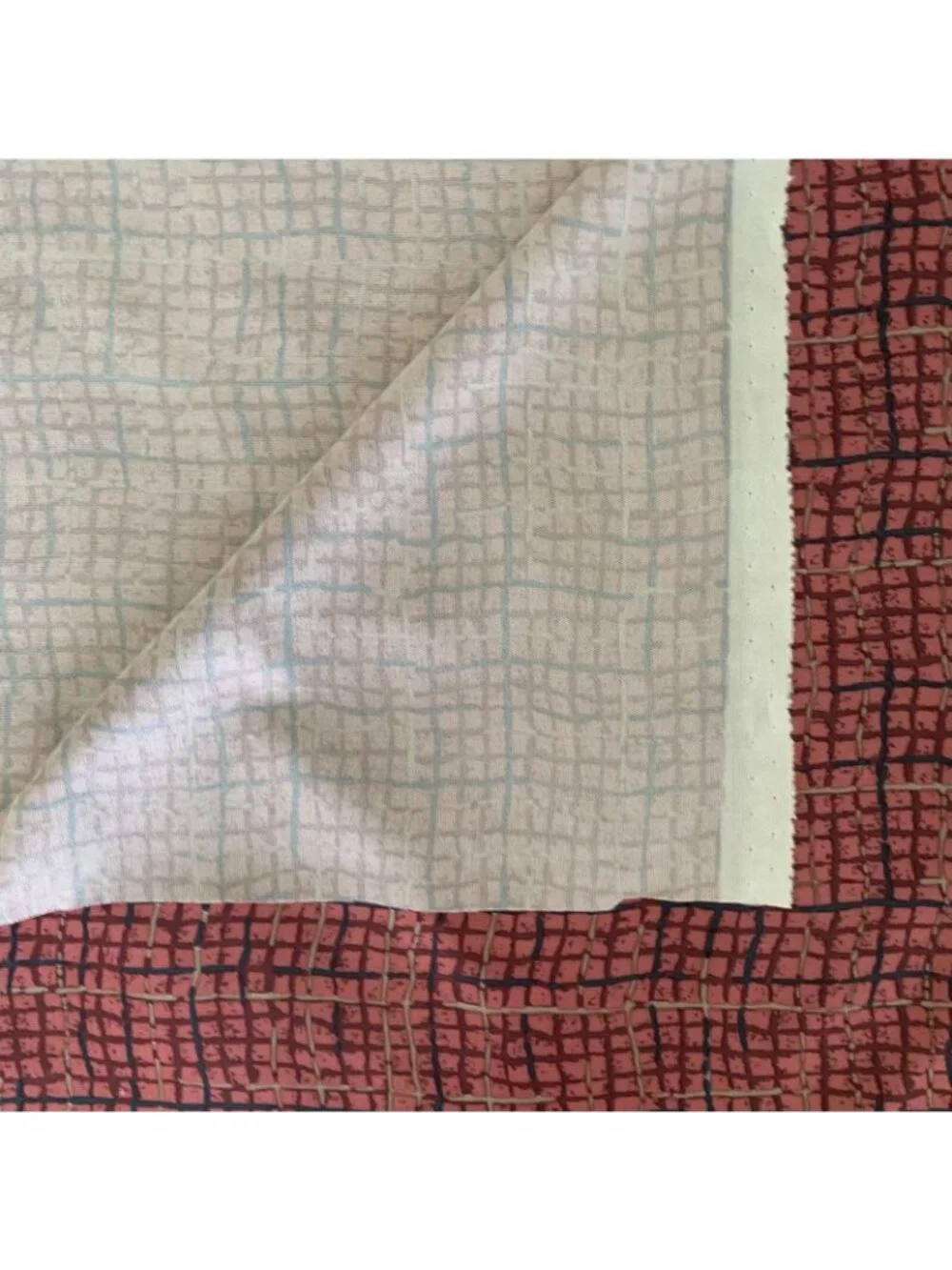 Vintage Dark Pink Tan Blue Polyester Geometric Pattern Fabric 2.5 Yards 60”x108”